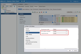 Figure 2: Allow <em>MAC address changes</em> and <em>Forged Transmits</em> on a vDS 