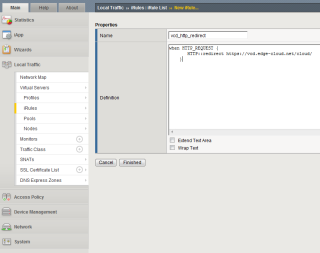 Figure 10: Custom iRule for redirecting HTTP traffic to a custom vCD URL 