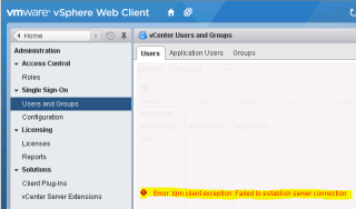 Figure 8: Error message while attempting to view the users in the Active Directory identity source 