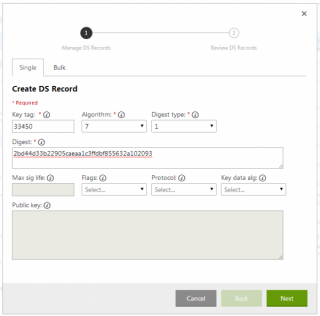 Figure 8: Create the first DS record (Digest type 1) 