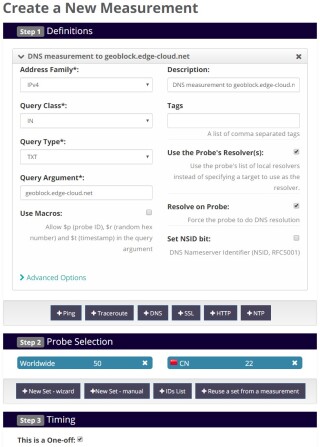 Figure 4: RIPE Atlas measurement setup to test Geoblocking in China. 