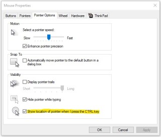 Figure 4: Windows 10 setting for ‘Show location of pointer when I press the CTRL key’. 