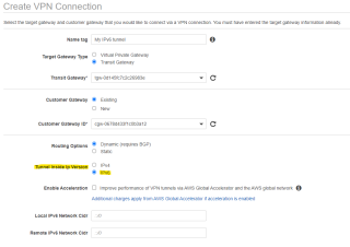 Figure 2: Creating a new AWS Site-to-Site VPN with IPv6 support. 