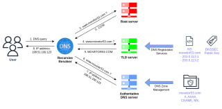 Figure 1: Components of a typical DNS setup for a domain, enabling recursive lookups of records. 