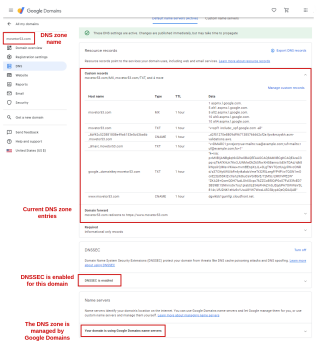Figure 2: Google Domains DNS information, highlighting the zone name, current zone entries, DNSSEC being enabled and that besides using registration services for this zone, the zone itself is also managed by Google Domains. 