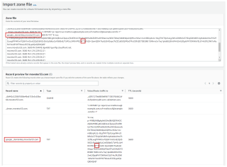 Figure 7: Import a BIND zone file into Route 53. Make sure you have fixed entries that are longer than 255 character, like DKIM public certificates. 