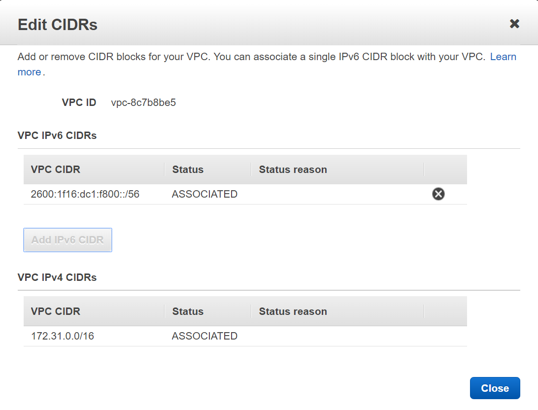 Figure 2: Edit VPC IPv6 CIDRs