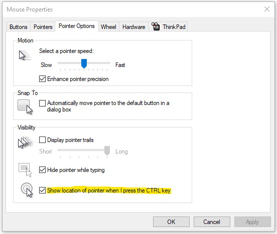 Figure 4: Windows 10 setting for ‘Show location of pointer when I press the CTRL key’.
